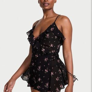 Victoria’s Secret Sheer Chiffon Babydoll Set, Black Foral